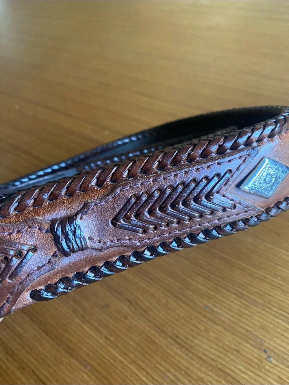 Western Leather Belt with Large inlayed Buckle Brown silver 42